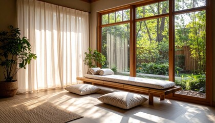 Sunlit Room with Wooden Daybed and Natural Plants