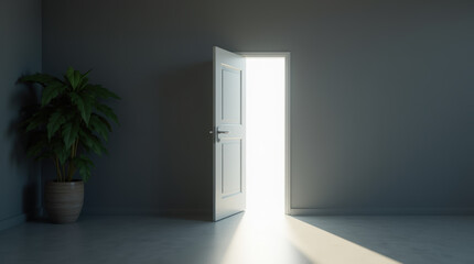 Dark room door opening to a flood of bright white light