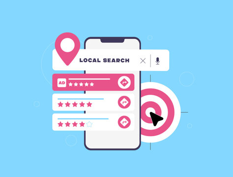 Targeted mobile advertising - hyperlocal marketing, local business rankings, mobile advertising interface, search result interface and near me strategy local digital marketing vector illustration