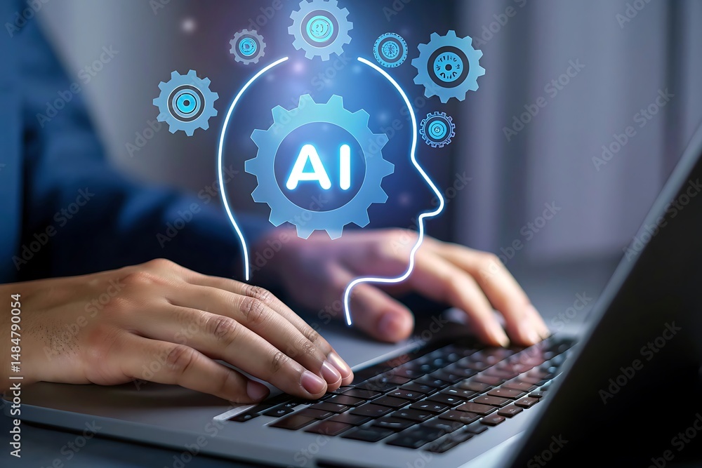 Poster person using laptop with ai technology concept graphic overlay showing artificial intelligence and m
