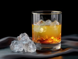 Close-up of Whiskey Pour into Glass with Ice on Black Silk Background - Luxury, Spirits, and Elegant Lifestyle Concept.
