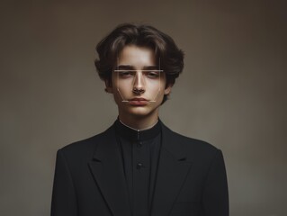 Fototapeta premium Captivating portrait of a young man with artistic facial elements in a stylish black suit expressing a sense of modern sophistication and individuality in a captivating visual composition