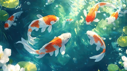 Fototapeta premium Artistic illustration of colorful koi fish swimming gracefully in a tranquil pond setting
