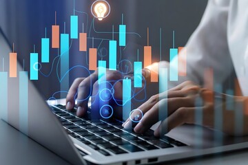 Person using laptop with financial data and charts overlaid showing business analytics and investment strategy