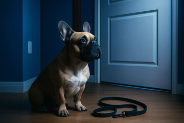 French Bulldog Waiting by the Door at Night with Leash on the Floor