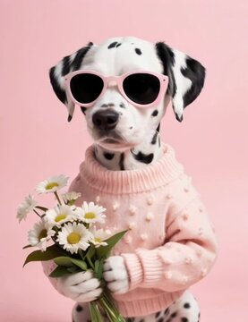 Dalmatian dog wearing sunglasses and a sweater on pink background
