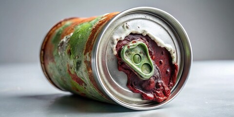 A discarded rusty can of spoiled food, covered in mold and with remnants of its contents spilled around the rim, sits on a neutral surface.