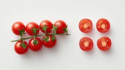Whole and Cut Cherry Tomatoes in Row is a premium-quality stock image ideal for use in lifestyle blogs, health content, promotional campaigns, and editorial publications.