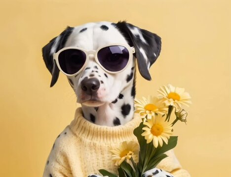 Dalmatian dog wearing sunglasses and a sweater on yellow background