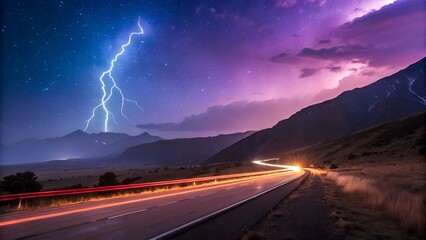 Fototapeta premium Road to the Storm Epic Night Scene with Lightning