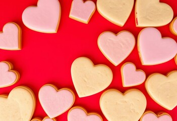 Fototapeta premium Heart-shaped cookies arranged on red background , photography, sugar