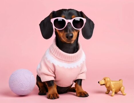 Dachshund dog wearing sunglasses and a sweater on pink background