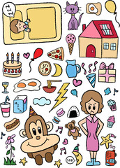 Kid draw style vector illustration of house, angry mum, sleeping kid, ice cream, birthday cake, pizza, fried egg, hotdog, noodle, milk box, monkey, gift box, moon, cat, balloon, teddy bear, flowers