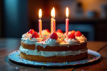 A delicious birthday cake with lit candles, ready to be enjoyed , festive, dessert, baked goods