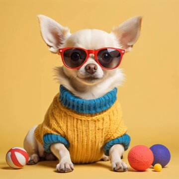 Chihuahua dog wearing sunglasses and a sweater on yellow background