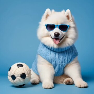 Samoyed dog wearing sunglasses and a sweater on blue background