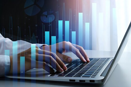 Businessperson Analyzing Financial Data on Laptop with Charts and Graphs Overlay