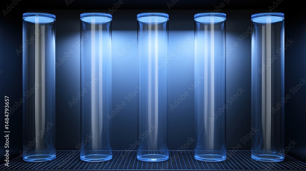 Poster a 3d rendering of a row of transparent cylinders with blue light at the top.