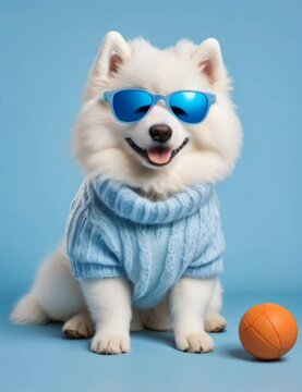 Samoyed dog wearing sunglasses and a sweater on blue background
