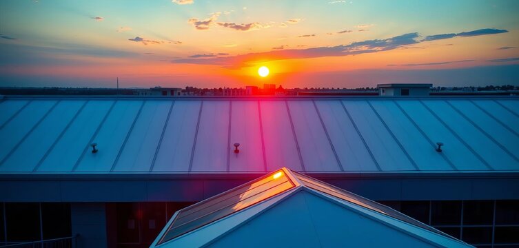 Sunset illuminates white TPO roof, modern building skylight reflects golden hour glow, contemporary,  white membrane roof - Powered by Adobe