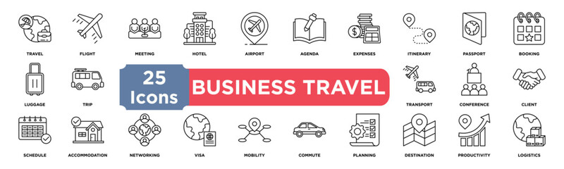 Business Travel icon collection set. Containing travel,flight,meeting,hotel,airport,agenda,expense,itinerary,passport,booking icon. Simple line vector.