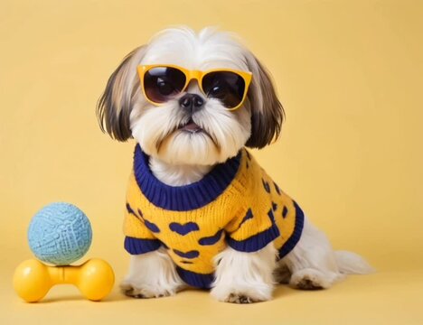 Shih Tzu dog wearing sunglasses and a sweater on yellow background