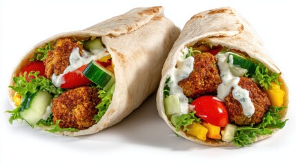 Mediterranean Falafel Wrap with Hummus Filling is a premium-quality stock image ideal for use in lifestyle blogs, health content, promotional campaigns, and editorial publications.