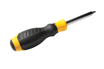 Screwdriver with black and yellow handle, repair tool isolated on a transparent background