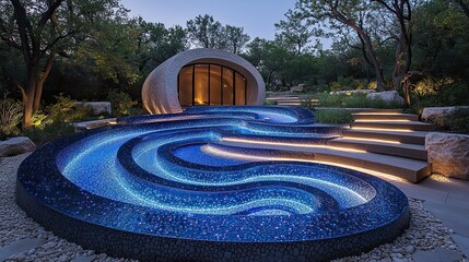 Indigo pools reflect the starry night sky, creating an illusion of infinite depth and a sense of connection to the cosmos in a tranquil outdoor setting