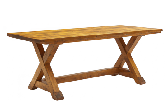 Rustic wooden table with cross legs design furniture on transparent background