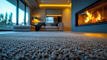 Fototapeta premium Modern living room with plush carpet, fireplace, and large windows