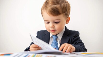 Child in business attire reviewing documents