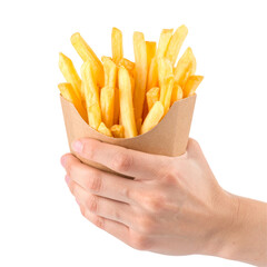 Hand holding container of golden french fries