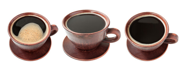 Various clay cups of black coffee isolated on transparent background
