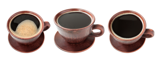 Various clay cups of black coffee isolated on transparent background