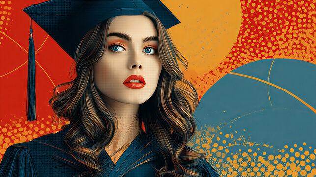 follow me, a woman student graduate knowledge education, pop art retro vector illustration