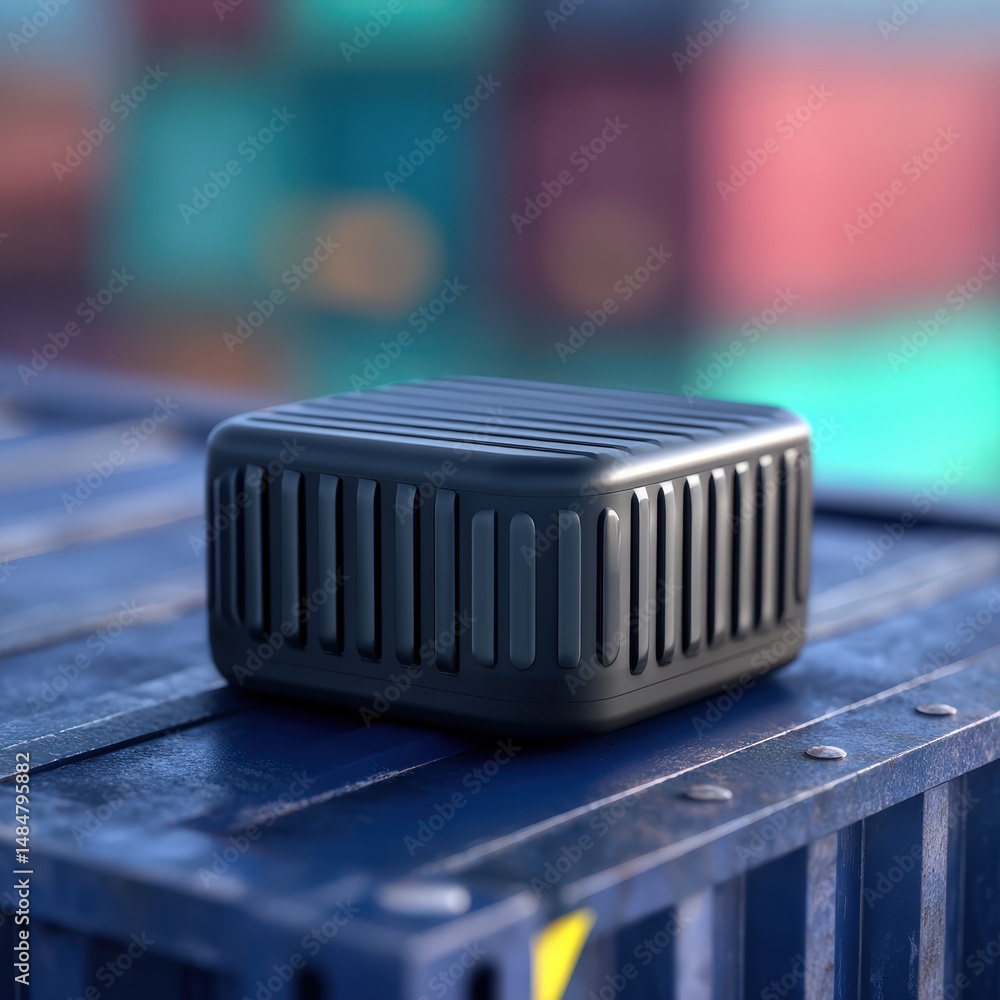 Poster contemporary black storage container placed on a rustic wooden surface contrasting with vibrant indu