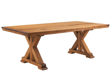 A wooden dining table with cross beam legs stands on transparent background