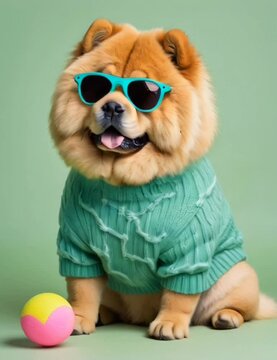 Chow Chow dog wearing sunglasses and a sweater on green background