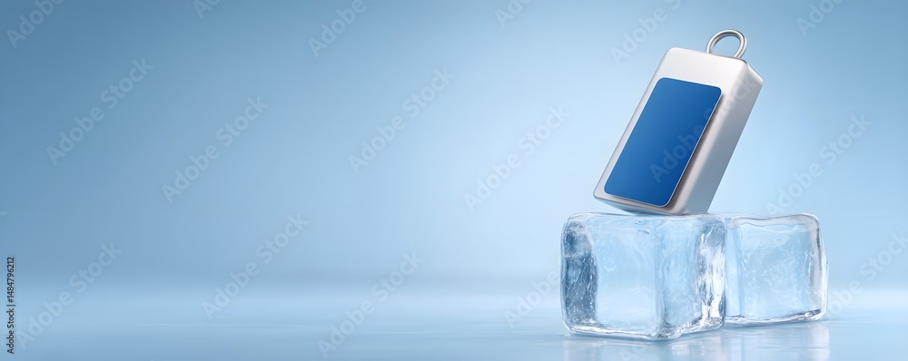 Poster in a minimalist composition, a credit card is encased in a solid block of ice, symbolizing the freez