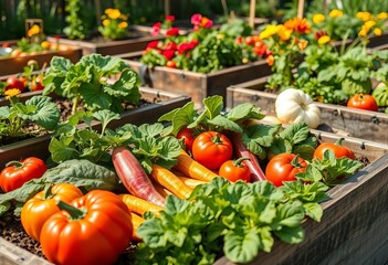 Summer vegetables thriving in raised garden beds, backyard garden, soil