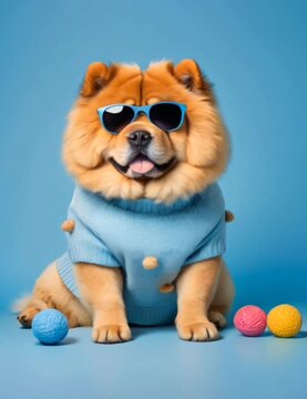 Chow Chow dog wearing sunglasses and a sweater on blue background