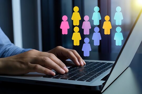 Person using laptop to manage diverse team online human resources recruitment networking