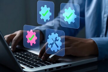Person using laptop with digital gear icons showing successful system maintenance and repair