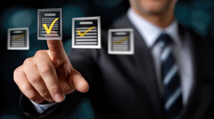 A businessman checks off tasks on a digital checklist, symbolizing productivity.