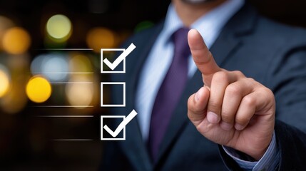 A businessman demonstrating task completion with checkboxes.