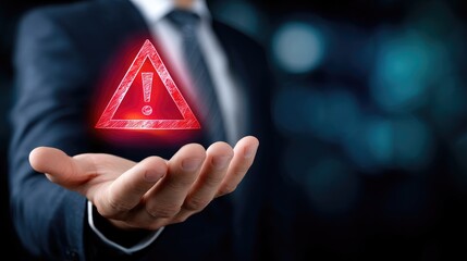 A businessman holding a glowing warning symbol in a professional context.