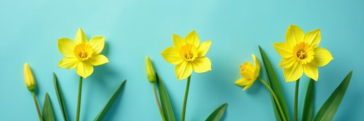 Three lush yellow ranunculi, delicate green shoots, clean blue background, flower image, delicate, background