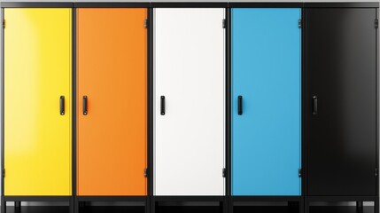 A row of five closed cabinets with different colored doors.