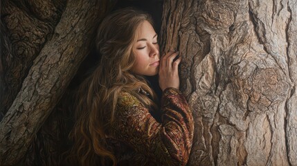 Woman Resting Against Huge Tree Bark is a premium-quality stock image ideal for use in lifestyle blogs, health content, promotional campaigns, and editorial publications.